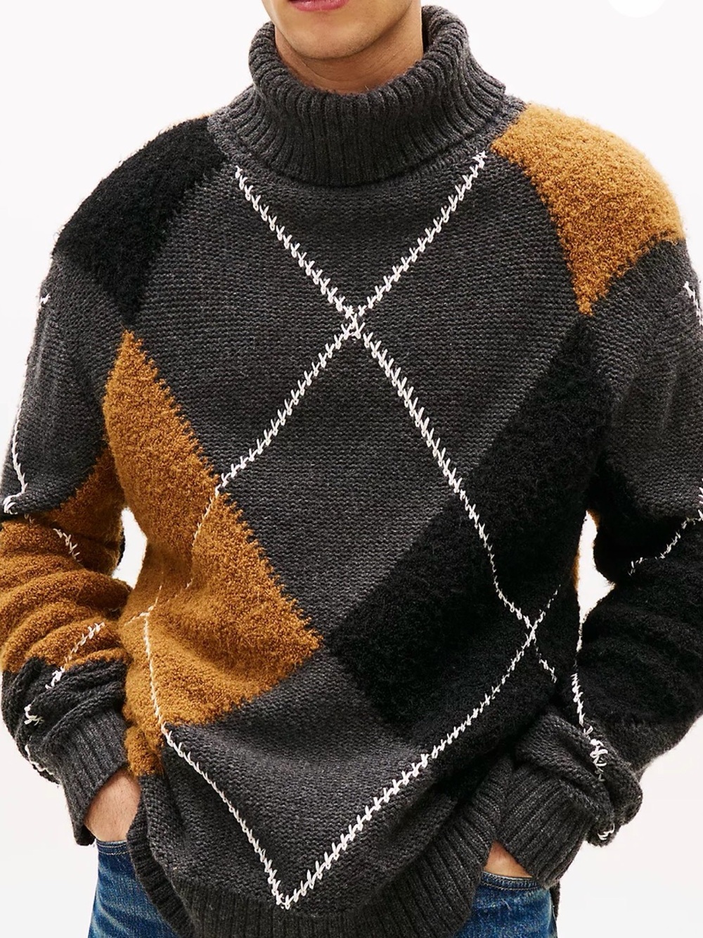 Tommy Hilfiger Mens M Wool Blend Argyle Roll Neck Jumper Turtleneck Sweater NEW